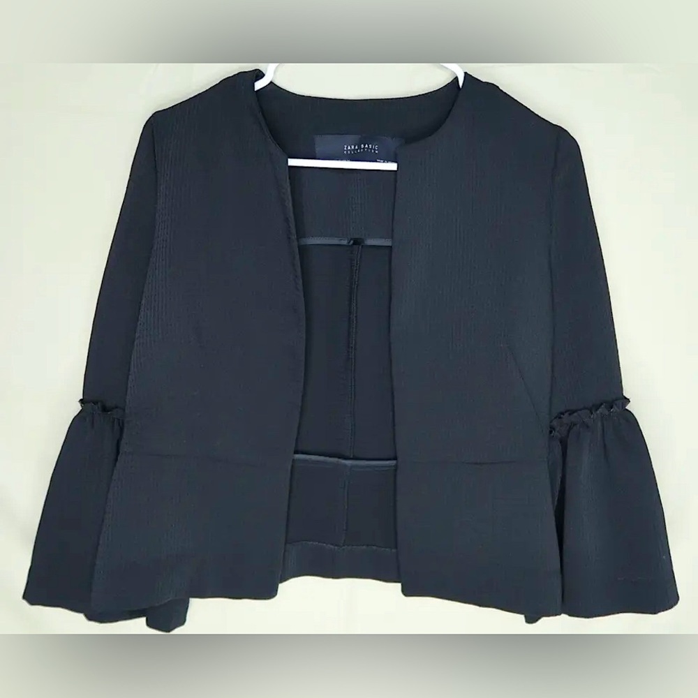 Zara Open Blazer Bell Sleeves Waffle Knit Black Women’s Size XS Extra Small